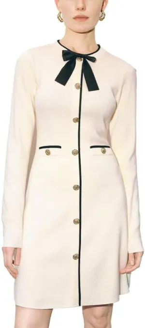 Women's Sweater Dress Long Sleeve Knit Button Down Dress Bow Tie Crew Neck Mini A-Line Dresses Fall Winter
