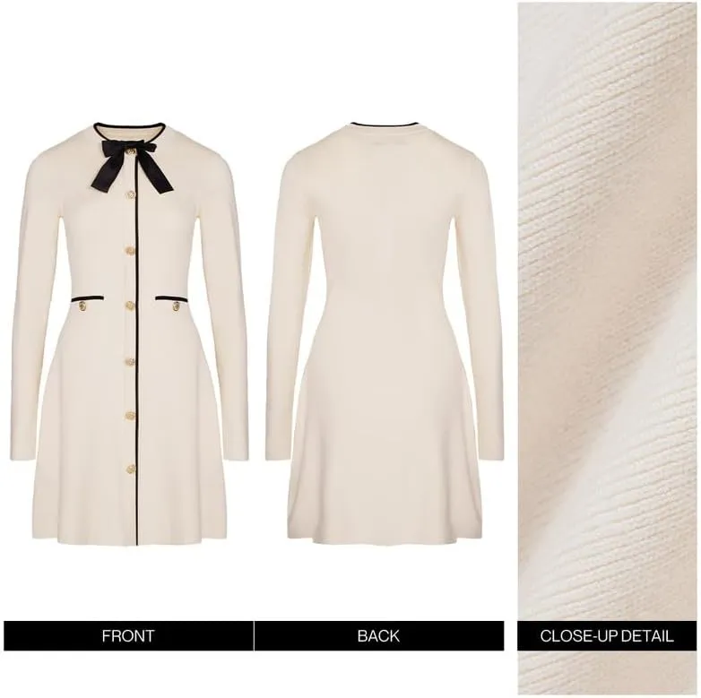 Women's Sweater Dress Long Sleeve Knit Button Down Dress Bow Tie Crew Neck Mini A-Line Dresses Fall Winter