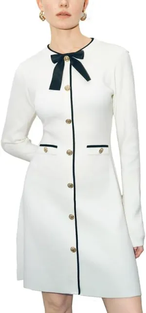 Women's Sweater Dress Long Sleeve Knit Button Down Dress Bow Tie Crew Neck Mini A-Line Dresses Fall Winter