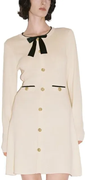 Women's Sweater Dress Long Sleeve Knitted Dresses Button Down Mini Bow Tie Casual Dress Fall Winter Spring