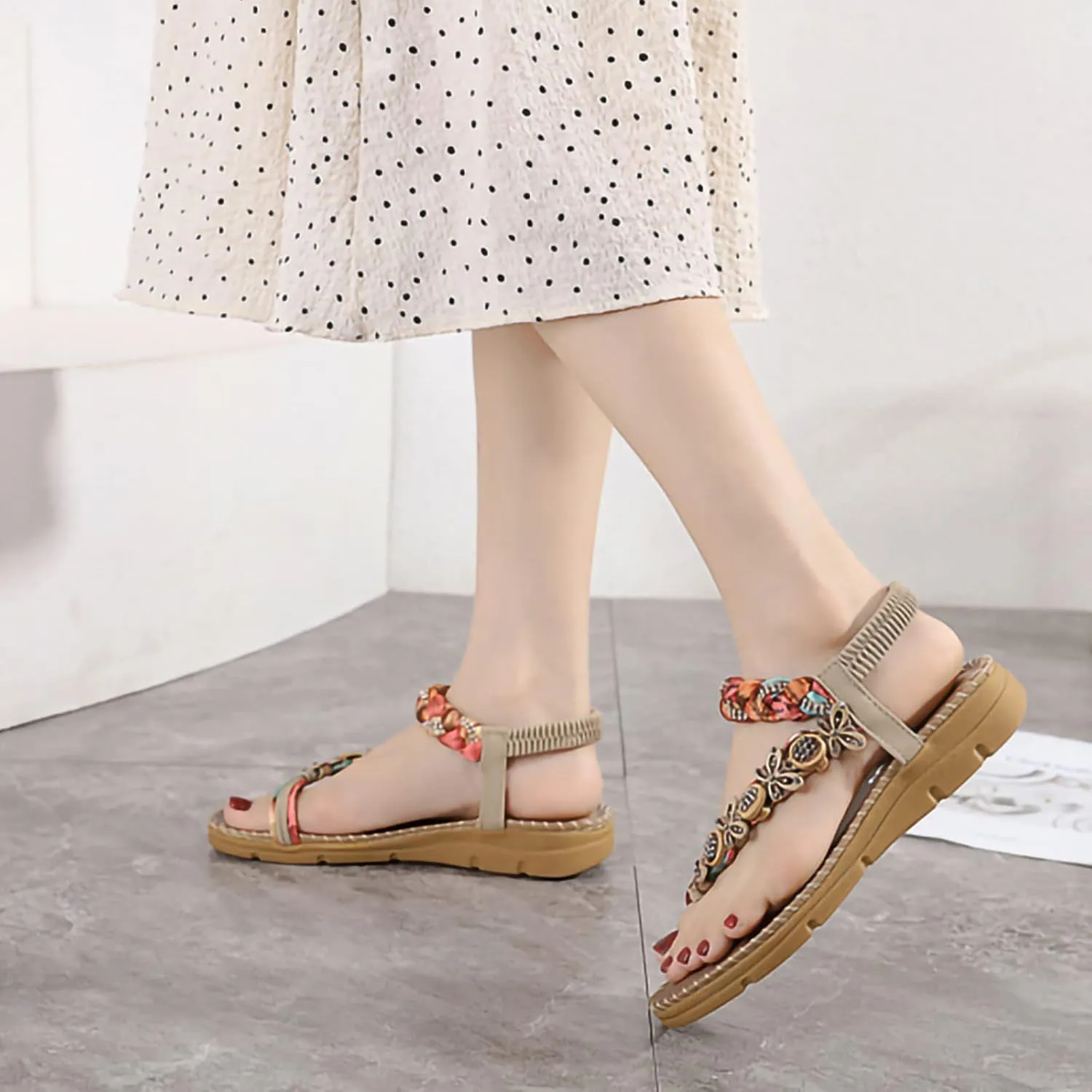 Women's Trendy Bohemian Sandals with Elastic Straps Casual Open Clip Toe Flats Strappy Sandal Comfort Style Footwear