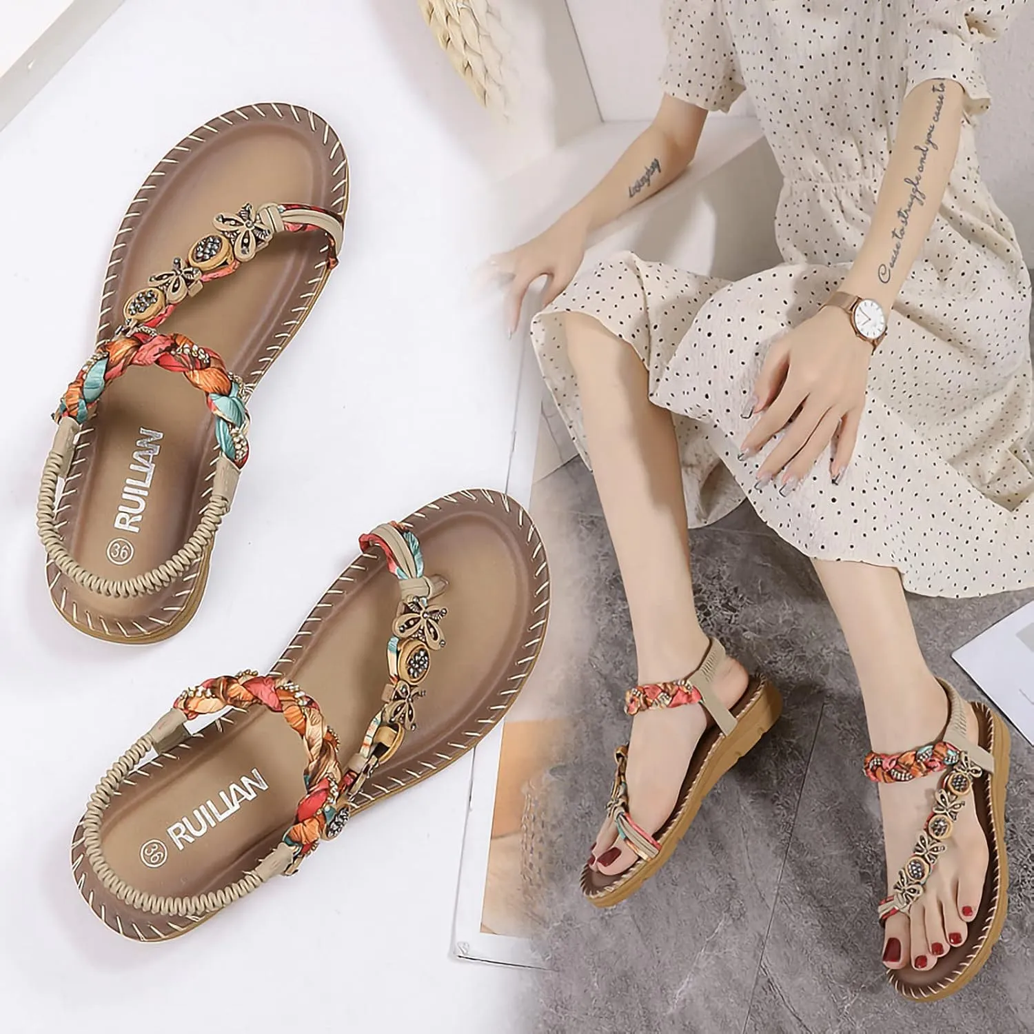 Women's Trendy Bohemian Sandals with Elastic Straps Casual Open Clip Toe Flats Strappy Sandal Comfort Style Footwear