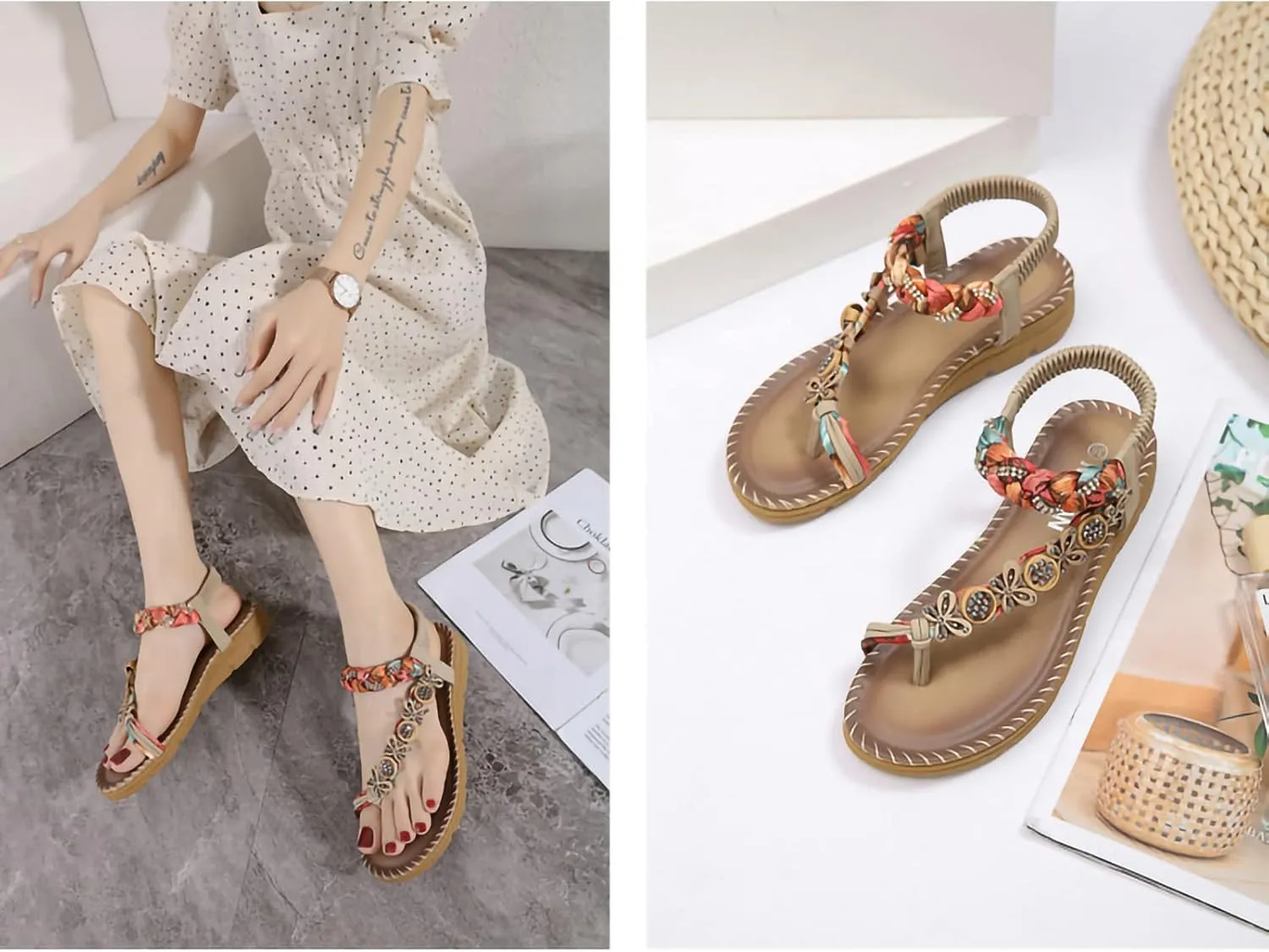 Women's Trendy Bohemian Sandals with Elastic Straps Casual Open Clip Toe Flats Strappy Sandal Comfort Style Footwear