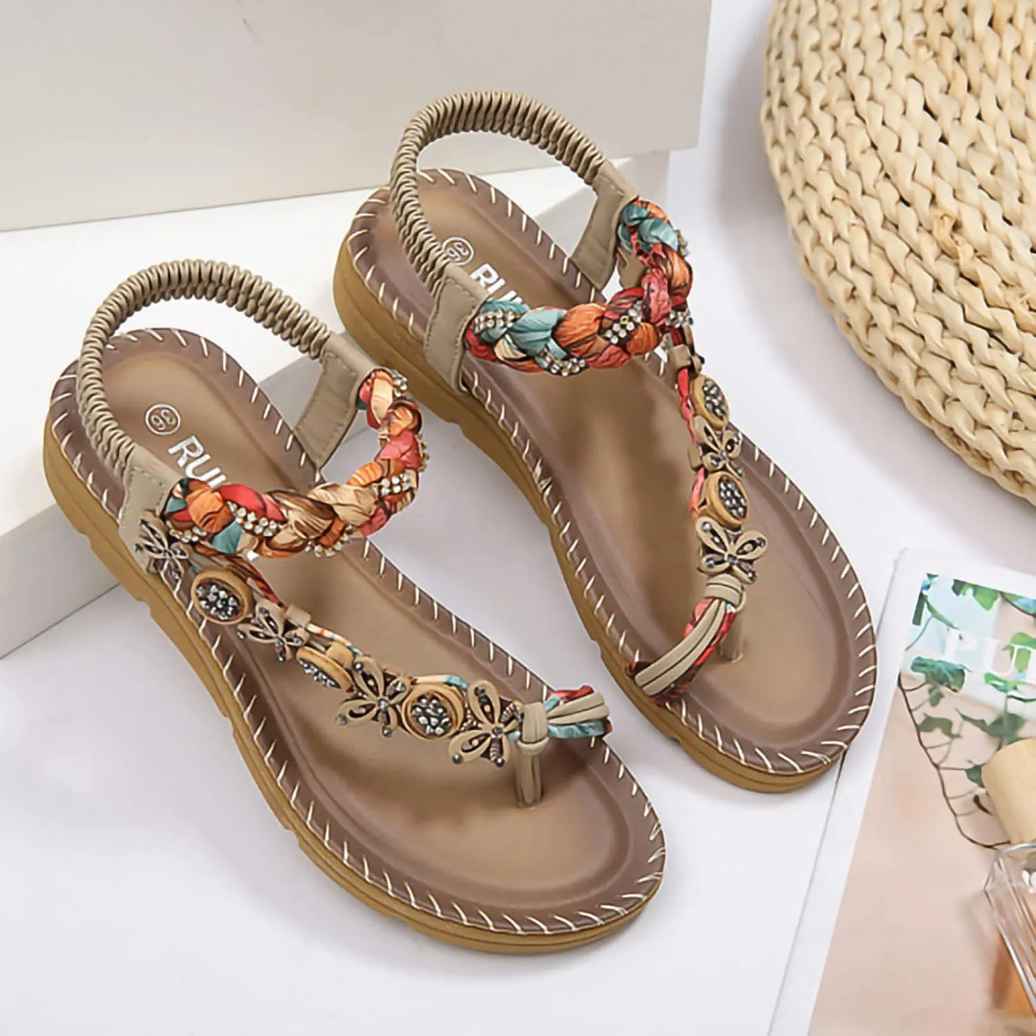 Women's Trendy Bohemian Sandals with Elastic Straps Casual Open Clip Toe Flats Strappy Sandal Comfort Style Footwear