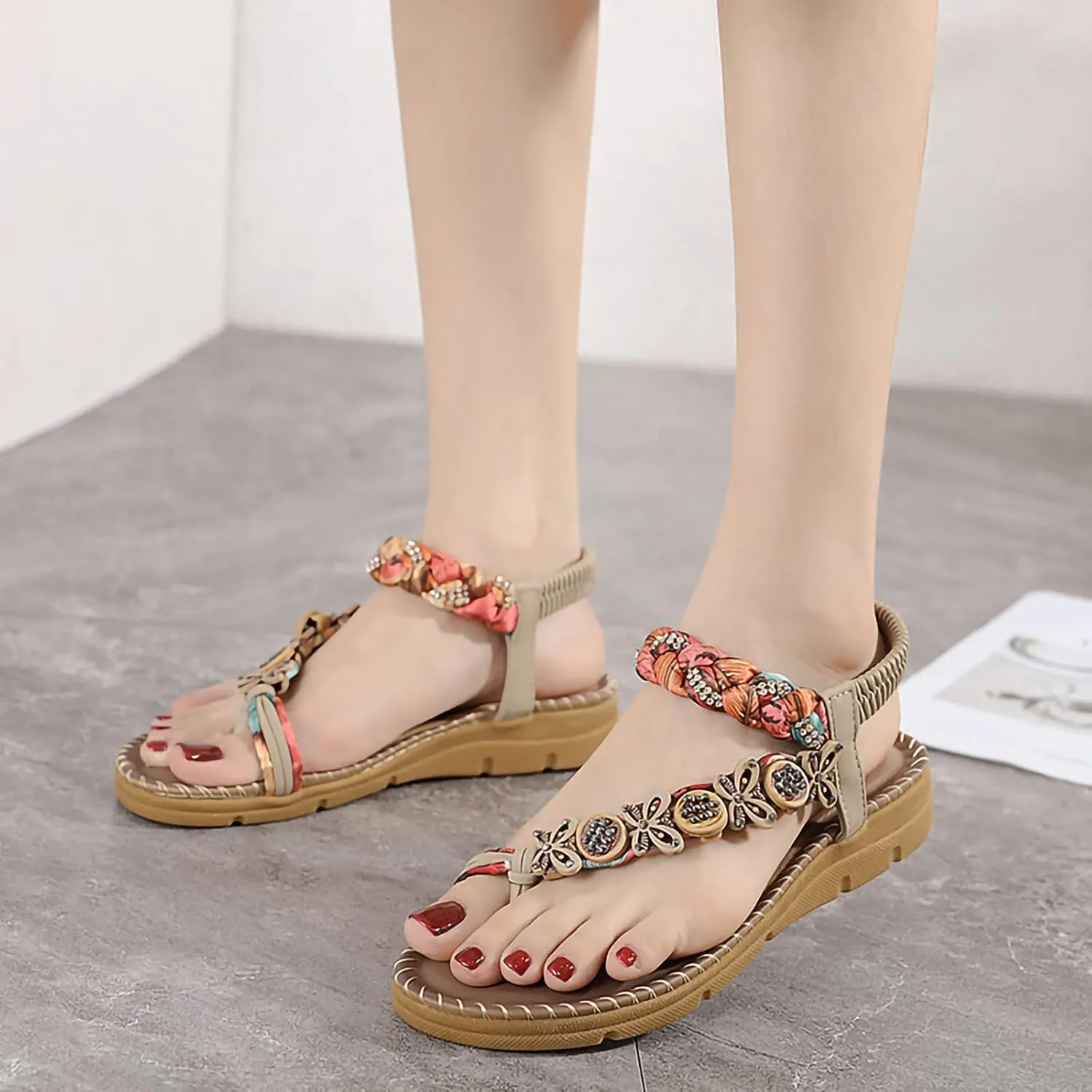 Women's Trendy Bohemian Sandals with Elastic Straps Casual Open Clip Toe Flats Strappy Sandal Comfort Style Footwear