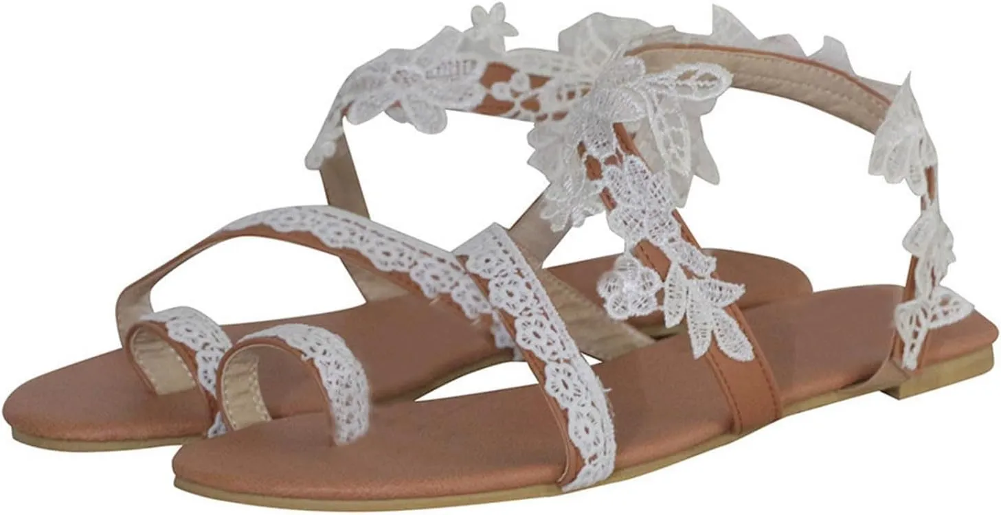 Women's Trendy Floral Lace Flat Sandals Casual Clip-Toe Sandal Boho Beach Shoes with Ankle Strap for Summer Look