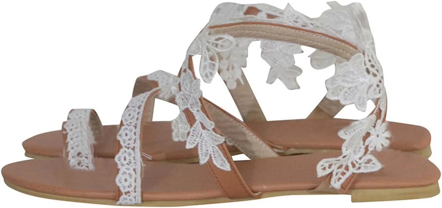 Women's Trendy Floral Lace Flat Sandals Casual Clip-Toe Sandal Boho Beach Shoes with Ankle Strap for Summer Look