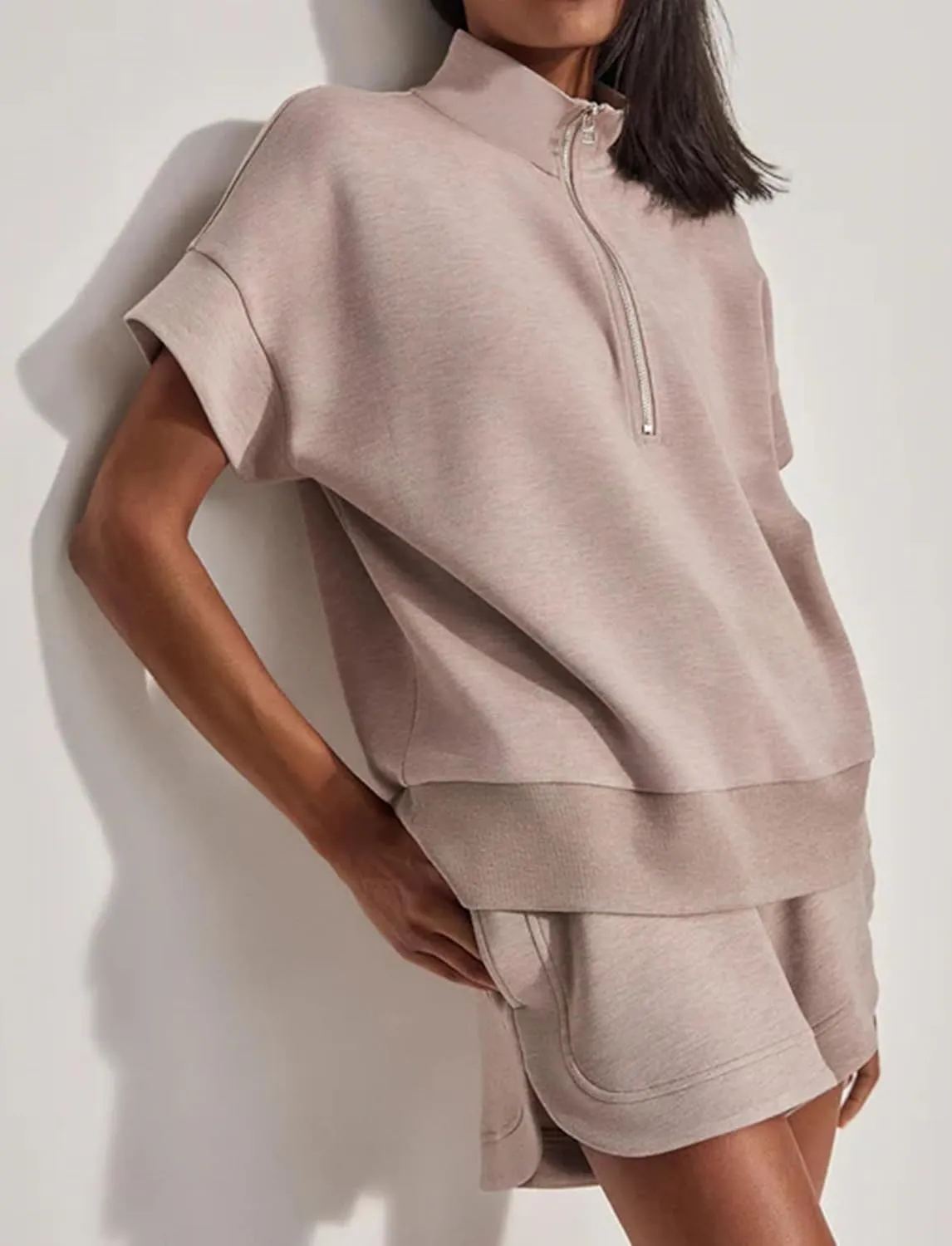 Womens Two Piece Half Zip Sweatshirts Shorts Set Lapel Collared Sweatshirt Drawstring High Waist Shorts Outfits