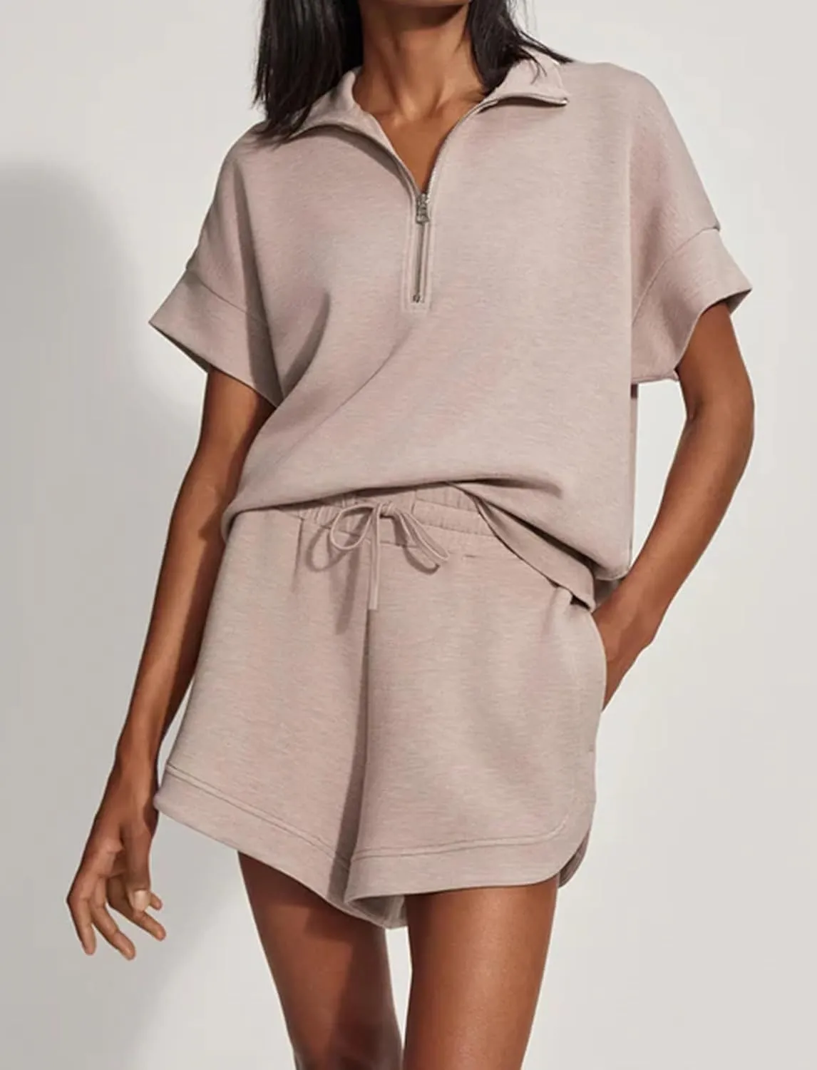 Womens Two Piece Half Zip Sweatshirts Shorts Set Lapel Collared Sweatshirt Drawstring High Waist Shorts Outfits