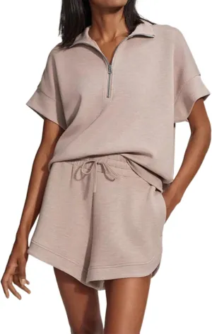 Womens Two Piece Half Zip Sweatshirts Shorts Set Lapel Collared Sweatshirt Drawstring High Waist Shorts Outfits