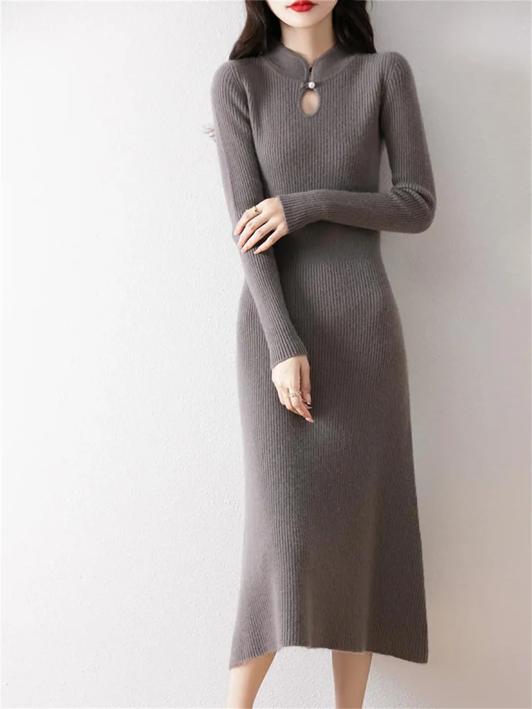 Women’S Vintage Wool Pullover Dress with Hole Detail Mid-Calf A-Line Knit Skirt for Casual Sweater Dresses