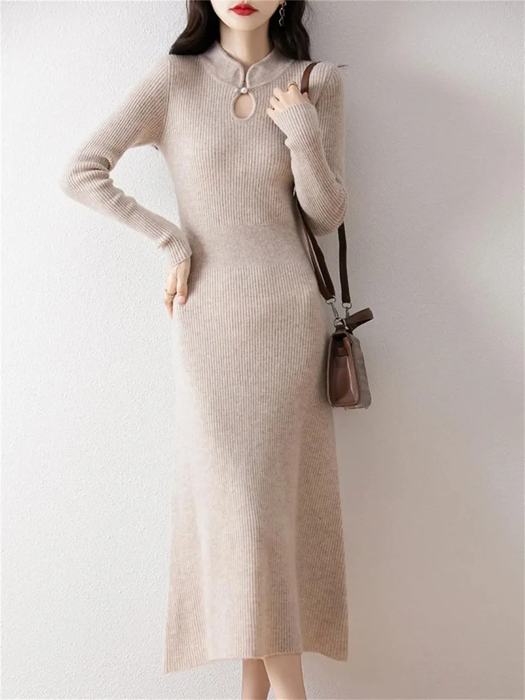 Women’S Vintage Wool Pullover Dress with Hole Detail Mid-Calf A-Line Knit Skirt for Casual Sweater Dresses