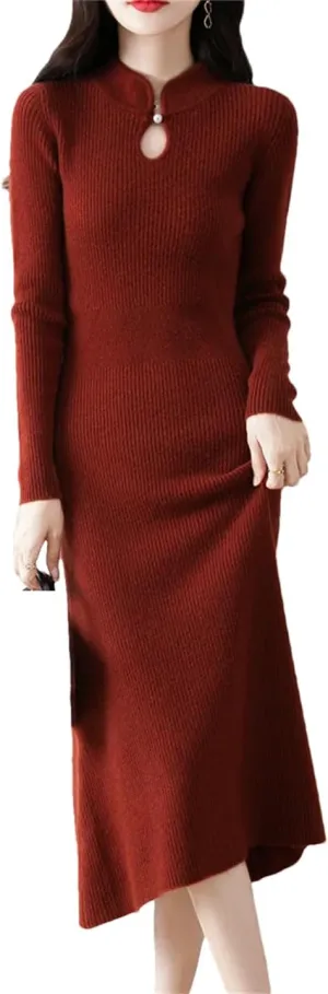 Women’S Vintage Wool Pullover Dress with Hole Detail Mid-Calf A-Line Knit Skirt for Casual Sweater Dresses