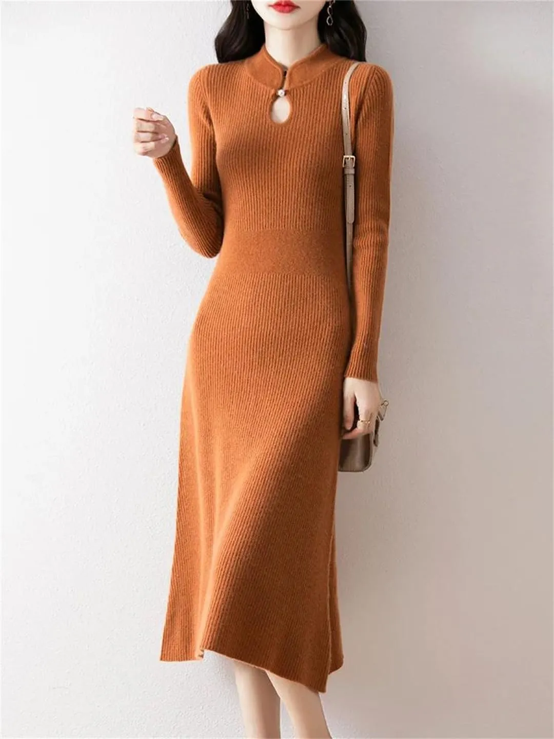 Women’S Vintage Wool Pullover Dress with Hole Detail Mid-Calf A-Line Knit Skirt for Casual Sweater Dresses
