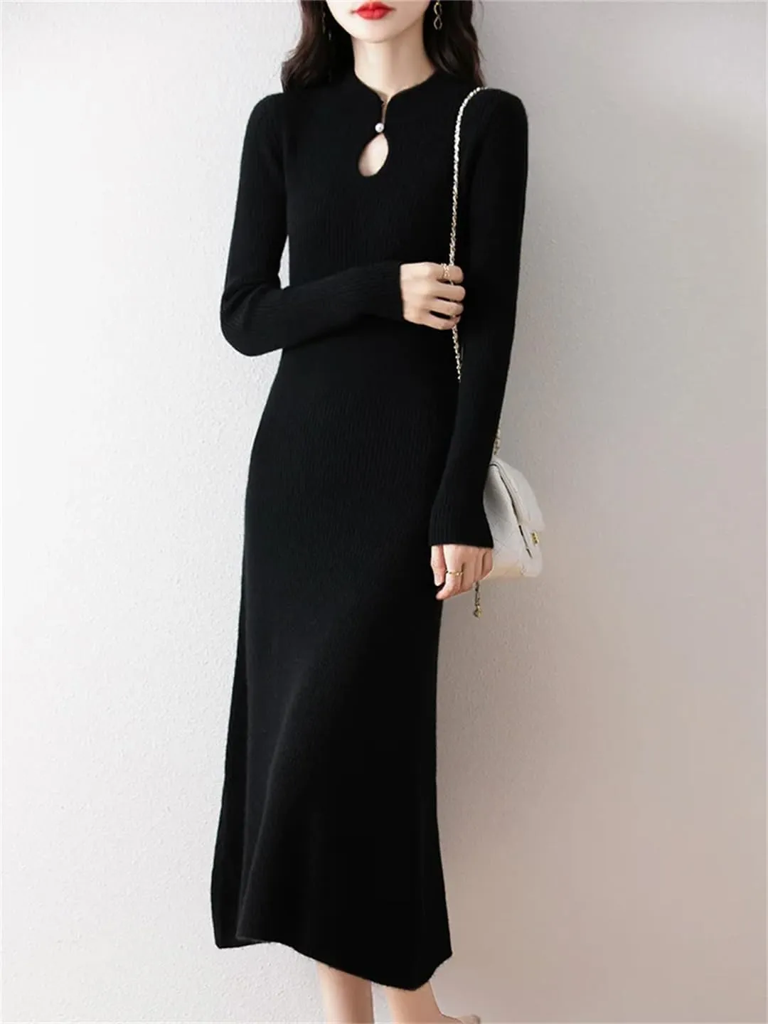 Women’S Vintage Wool Pullover Dress with Hole Detail Mid-Calf A-Line Knit Skirt for Casual Sweater Dresses