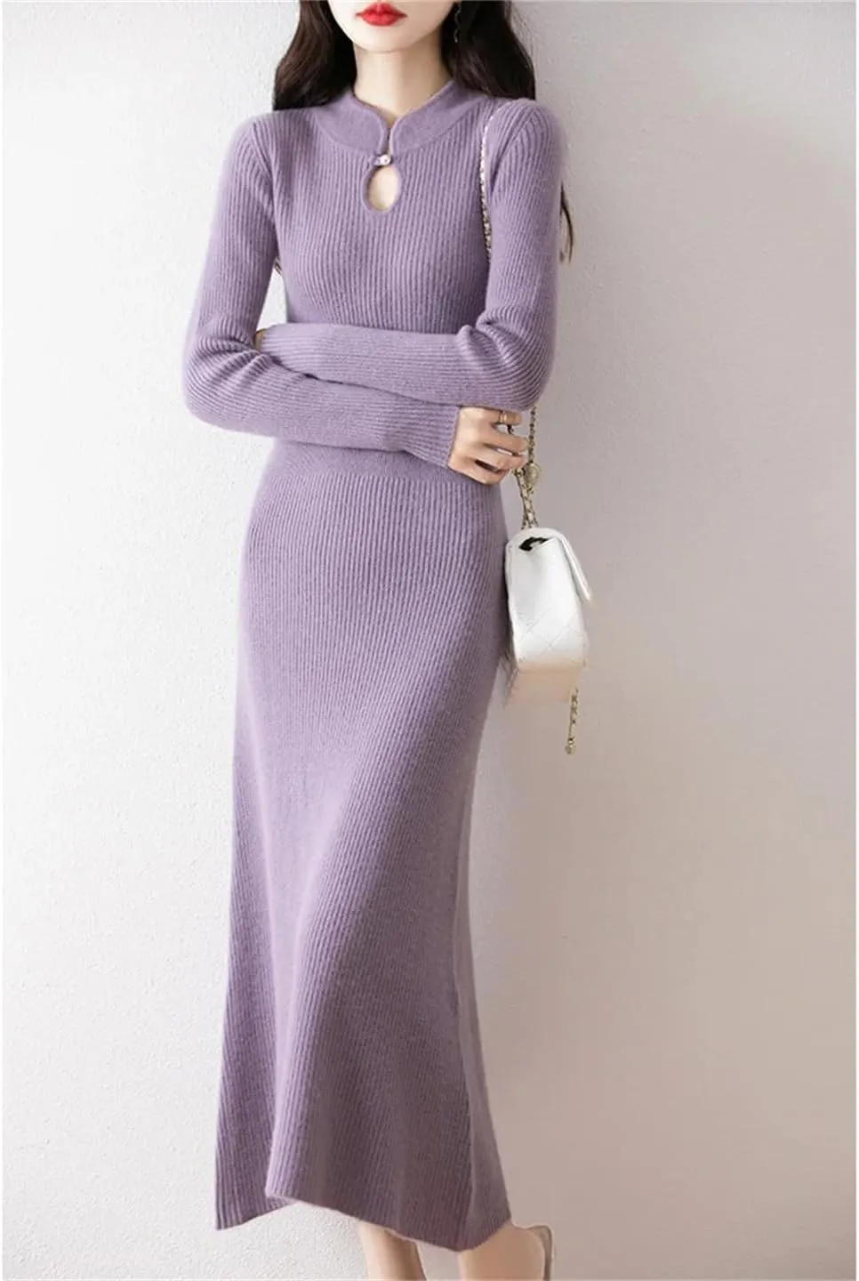 Women’S Vintage Wool Pullover Dress with Hole Detail Mid-Calf A-Line Knit Skirt for Casual Sweater Dresses