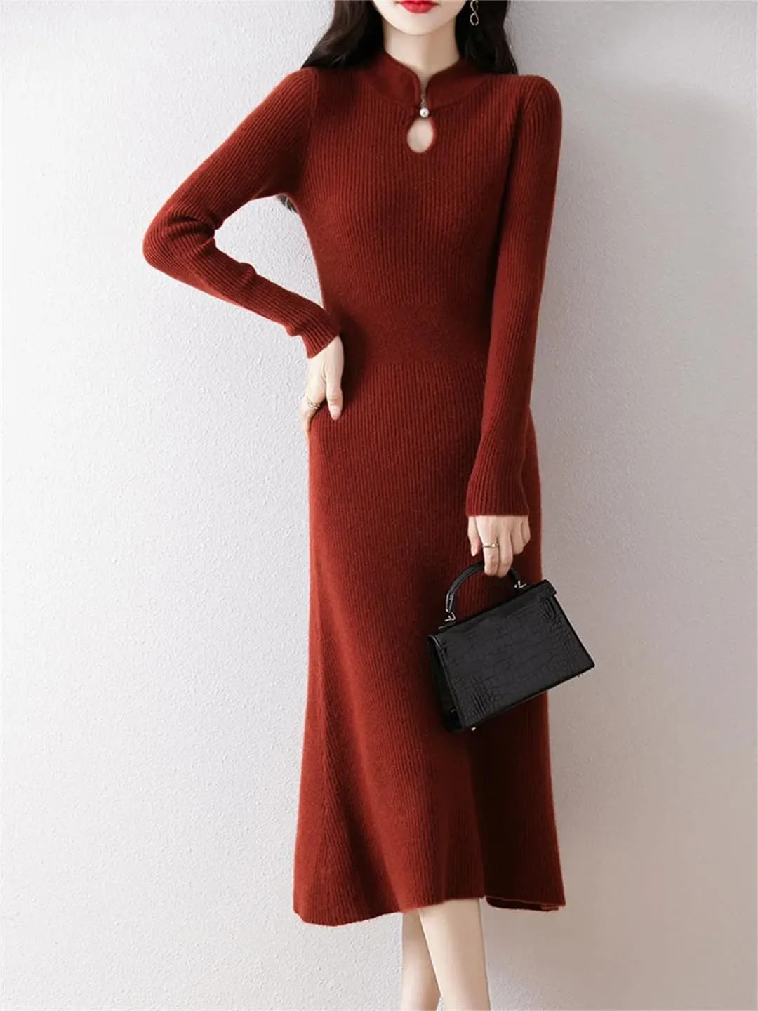 Women’S Vintage Wool Pullover Dress with Hole Detail Mid-Calf A-Line Knit Skirt for Casual Sweater Dresses