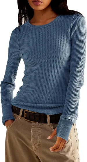 Women's Waffle Knit Tops Long Sleeve Shirts Casual Slim Fitted Crew Neck Pullover Shirts