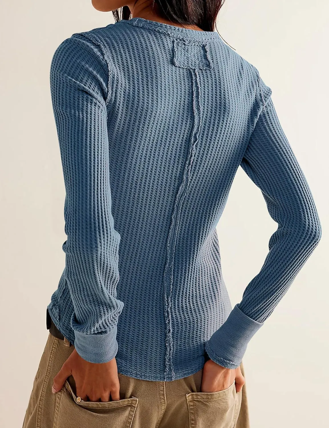 Women's Waffle Knit Tops Long Sleeve Shirts Casual Slim Fitted Crew Neck Pullover Shirts
