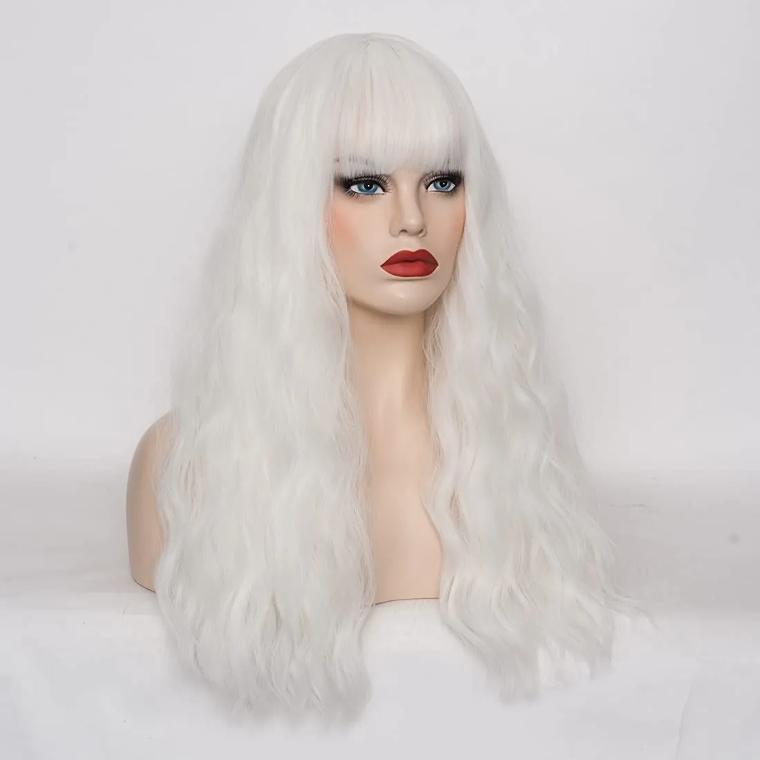 Women's White Wig 22''Long Curly Wavy Wig Shoulder Length Flat Bangs Wig For Women Girl Cosplay Party Halloween Wig Cap Included (22''White)