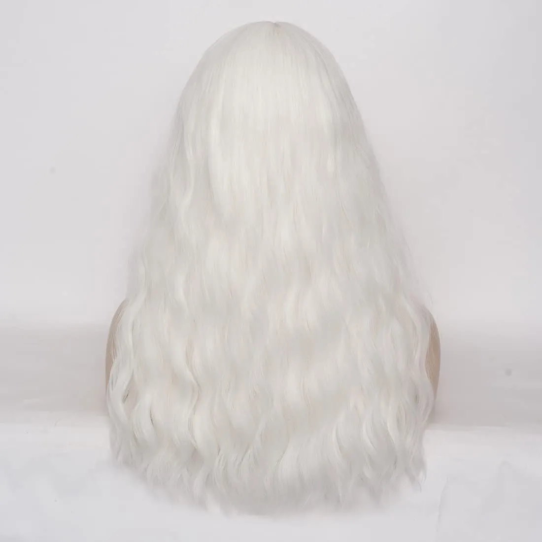 Women's White Wig 22''Long Curly Wavy Wig Shoulder Length Flat Bangs Wig For Women Girl Cosplay Party Halloween Wig Cap Included (22''White)