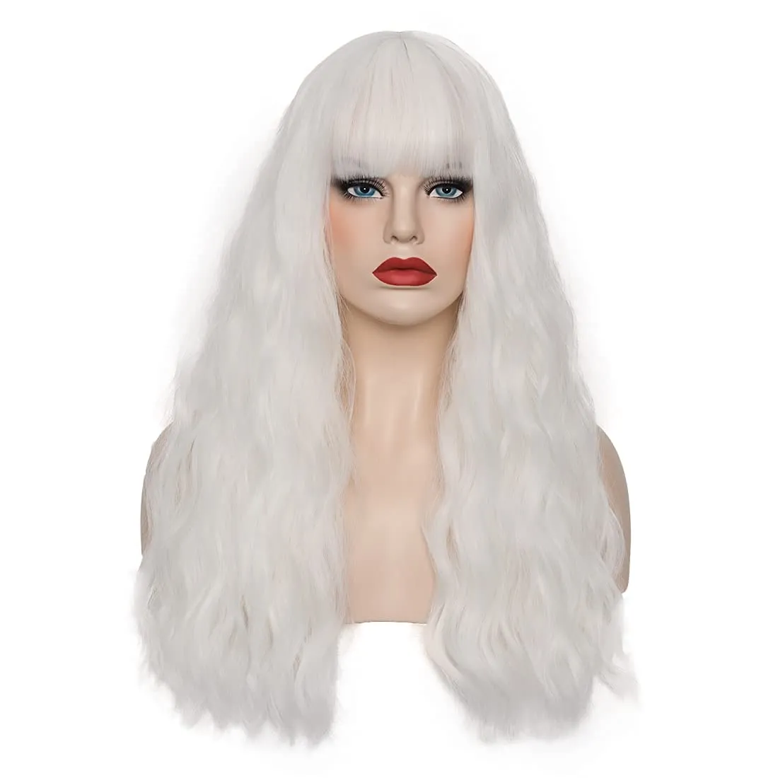 Women's White Wig 22''Long Curly Wavy Wig Shoulder Length Flat Bangs Wig For Women Girl Cosplay Party Halloween Wig Cap Included (22''White)