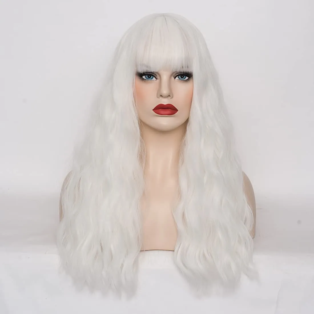 Women's White Wig 22''Long Curly Wavy Wig Shoulder Length Flat Bangs Wig For Women Girl Cosplay Party Halloween Wig Cap Included (22''White)