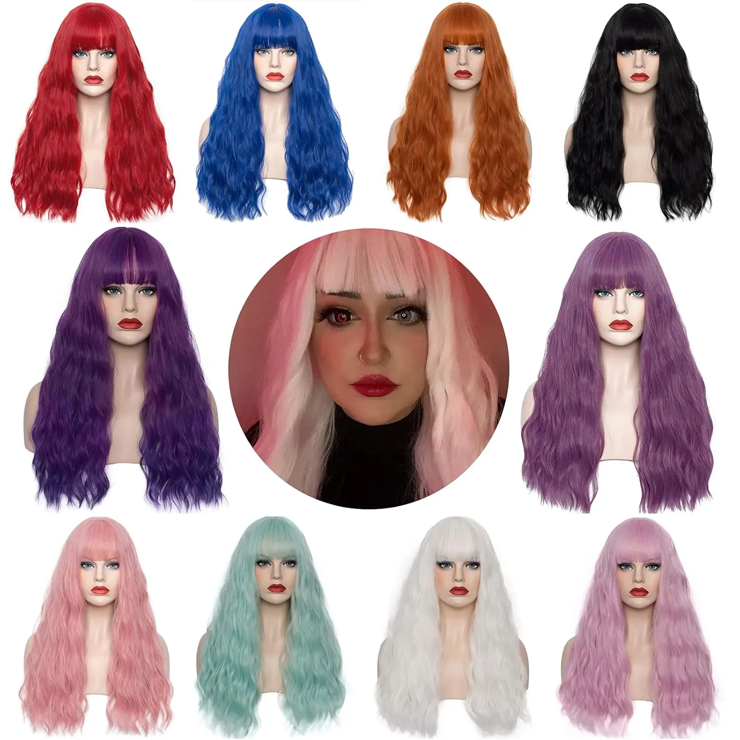 Women's White Wig 22''Long Curly Wavy Wig Shoulder Length Flat Bangs Wig For Women Girl Cosplay Party Halloween Wig Cap Included (22''White)