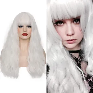 Women's White Wig 22''Long Curly Wavy Wig Shoulder Length Flat Bangs Wig For Women Girl Cosplay Party Halloween Wig Cap Included (22''White)