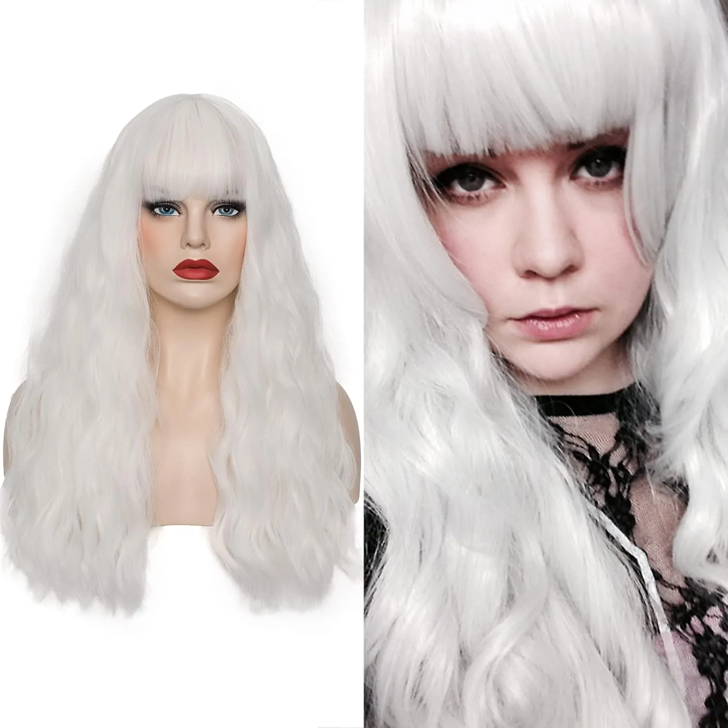 Women's White Wig 22''Long Curly Wavy Wig Shoulder Length Flat Bangs Wig For Women Girl Cosplay Party Halloween Wig Cap Included (22''White)
