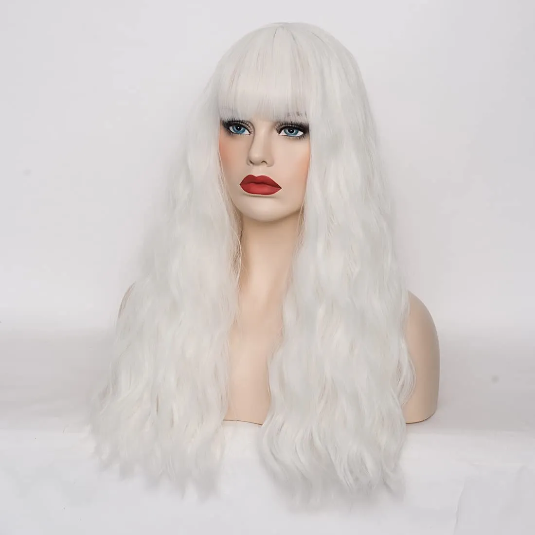 Women's White Wig 22''Long Curly Wavy Wig Shoulder Length Flat Bangs Wig For Women Girl Cosplay Party Halloween Wig Cap Included (22''White)