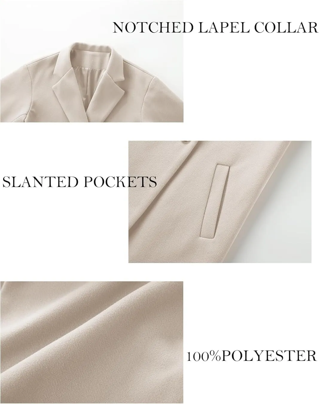 Women's Winter Pea Coat Notch Lapel Single Breasted Oversized Long Casual Wool Blend Overcoat