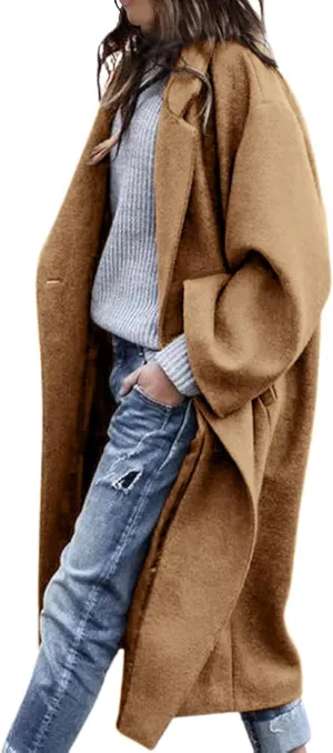 Women's Winter Pea Coat Notch Lapel Single Breasted Oversized Long Casual Wool Blend Overcoat