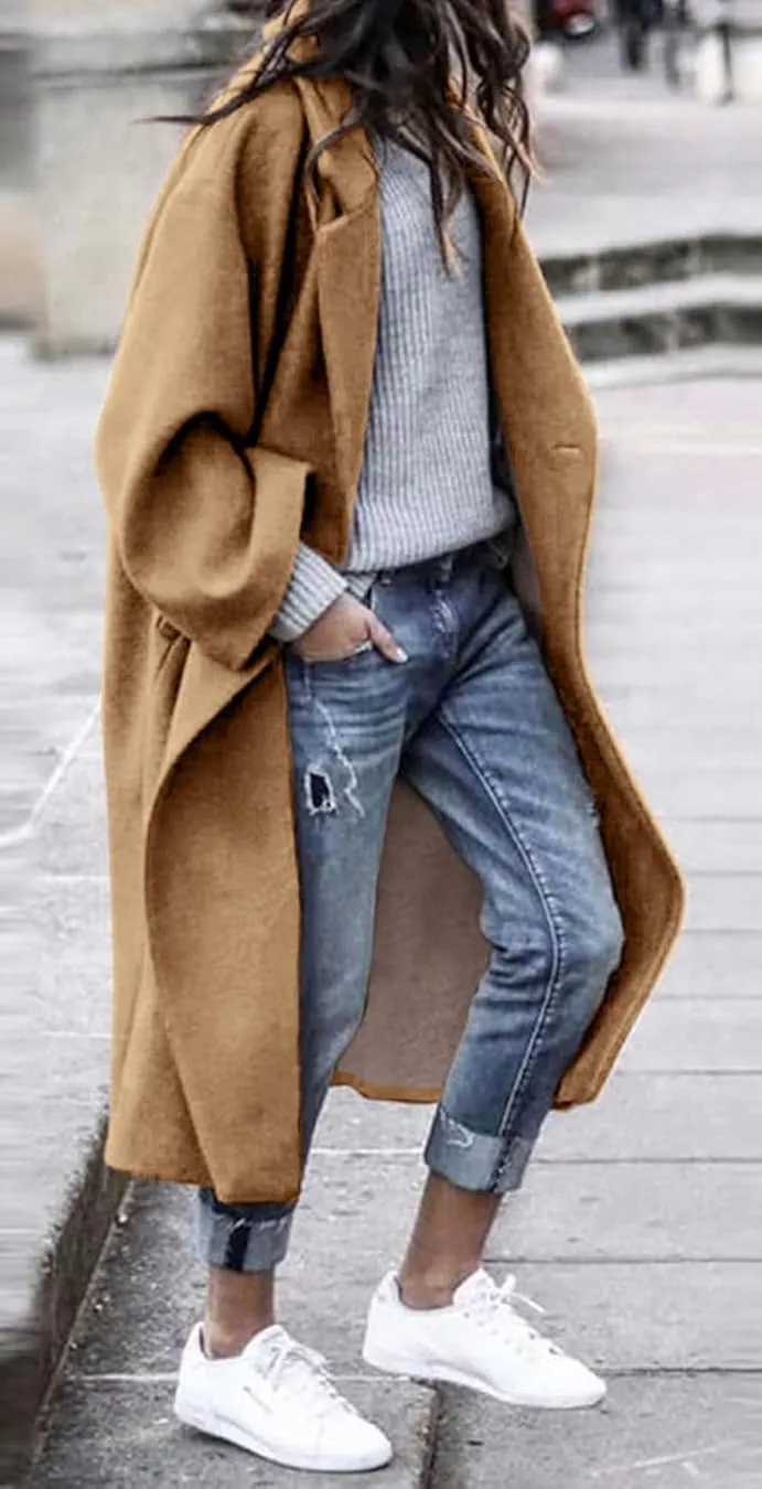 Women's Winter Pea Coat Notch Lapel Single Breasted Oversized Long Casual Wool Blend Overcoat