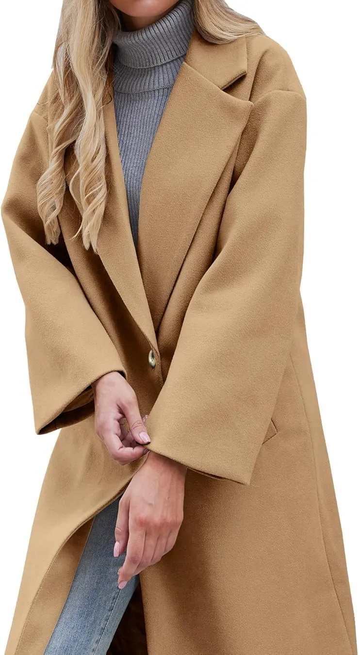 Women's Winter Pea Coat Notch Lapel Single Breasted Oversized Long Casual Wool Blend Overcoat