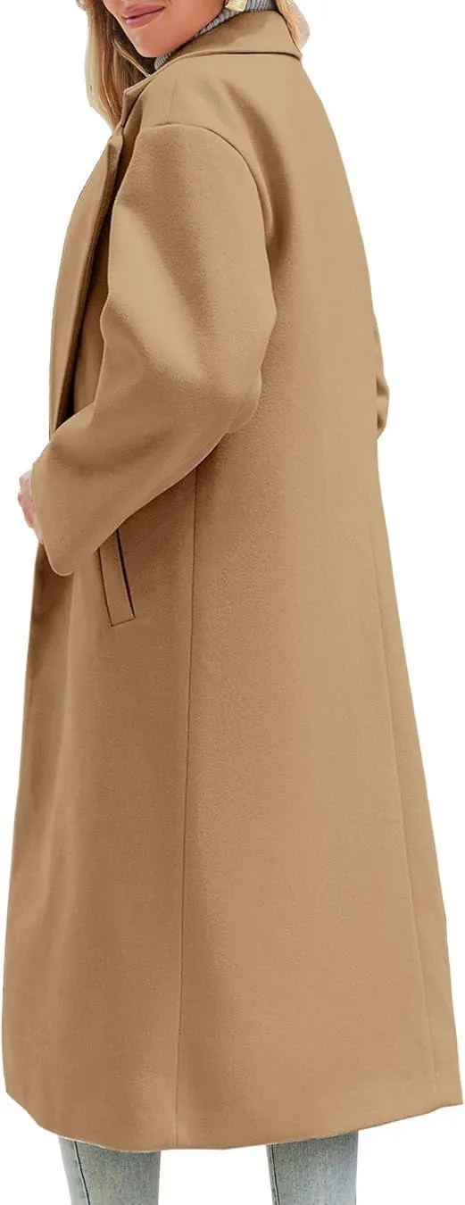 Women's Winter Pea Coat Notch Lapel Single Breasted Oversized Long Casual Wool Blend Overcoat