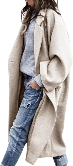 Women's Winter Pea Coat Notch Lapel Single Breasted Oversized Long Casual Wool Blend Overcoat
