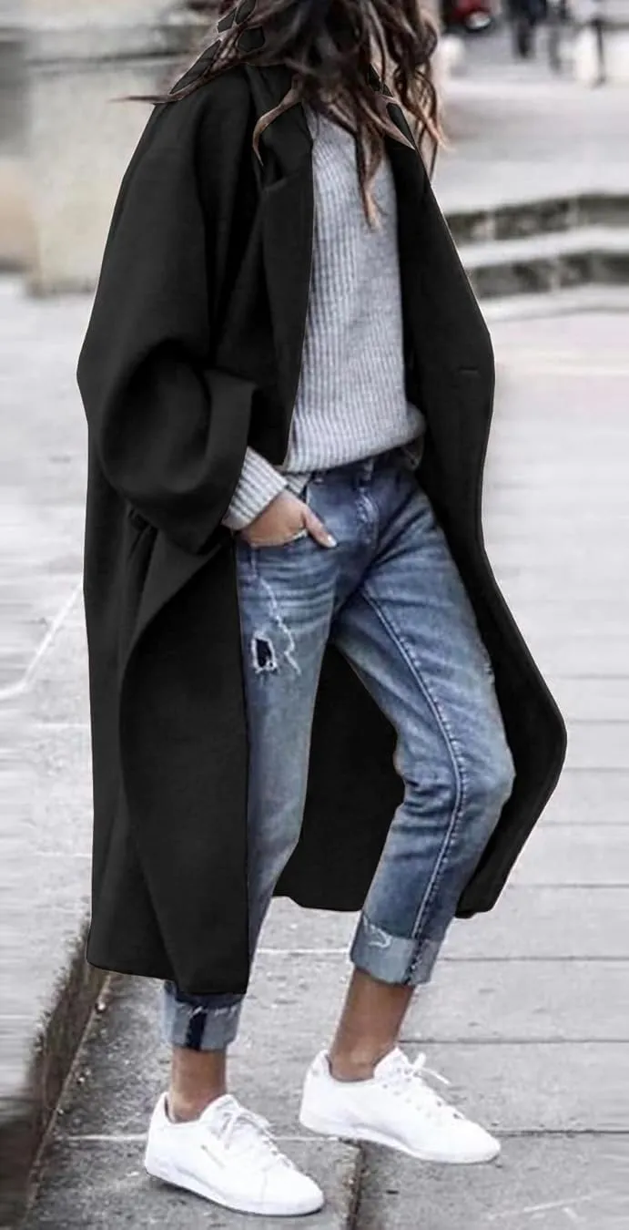 Women's Winter Pea Coat Notch Lapel Single Breasted Oversized Long Casual Wool Blend Overcoat