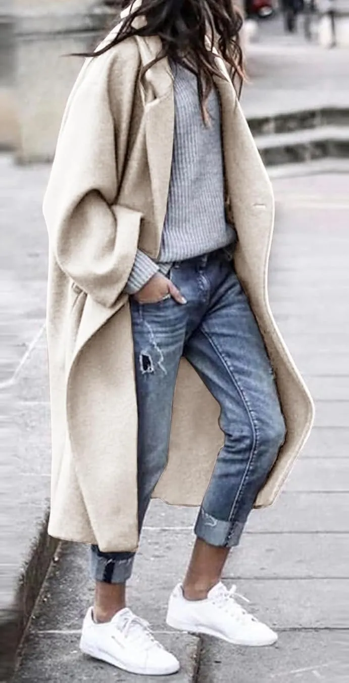 Women's Winter Pea Coat Notch Lapel Single Breasted Oversized Long Casual Wool Blend Overcoat