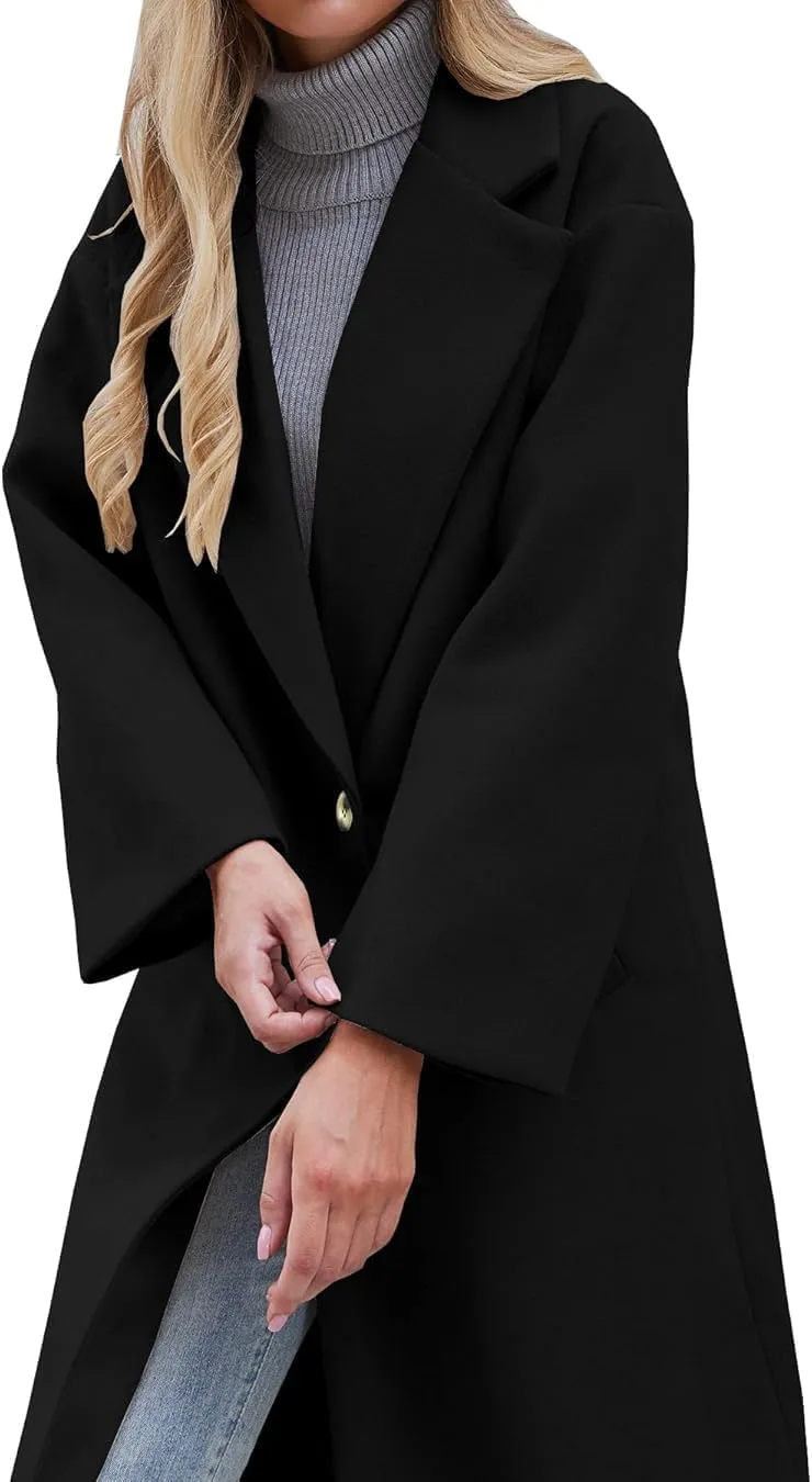 Women's Winter Pea Coat Notch Lapel Single Breasted Oversized Long Casual Wool Blend Overcoat