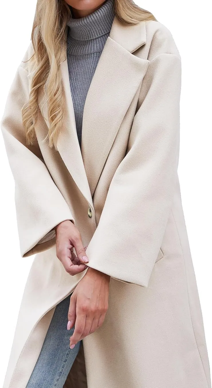 Women's Winter Pea Coat Notch Lapel Single Breasted Oversized Long Casual Wool Blend Overcoat