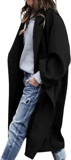 Women's Winter Pea Coat Notch Lapel Single Breasted Oversized Long Casual Wool Blend Overcoat