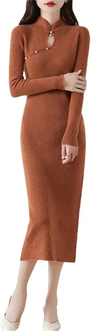 Women’S Wool Half High Collar Slim Knit Dress Sheath Mid-Calf Long Sweater Vintage Pullover