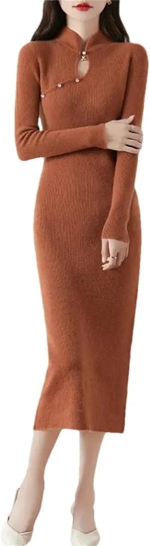 Women’S Wool Half High Collar Slim Knit Dress Sheath Mid-Calf Long Sweater Vintage Pullover