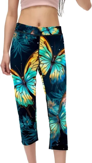 Women's Yoga Capri Pants High Waist Leggings Workout Athletic Running Straight Leg Phantom Butterfly,2XL Multicoloured