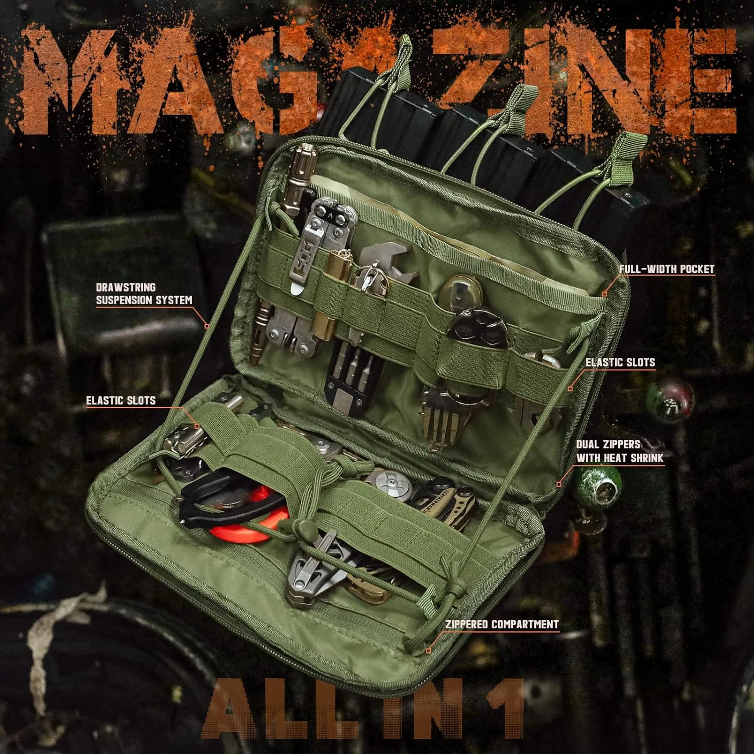 WYNEX Molle Admin Pouch of Kangaroo Style, Tactical Utility Tool Pouch with Mag/Zipper Strip Insert Modular EDC Medical Bag Organizer Attachment Patch Included