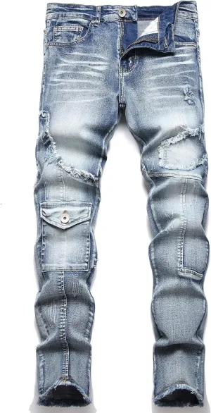 XIMXIMMTIAN Men's Biker Moto Washed Distressed Slim Fit Straight Jeans Denim…