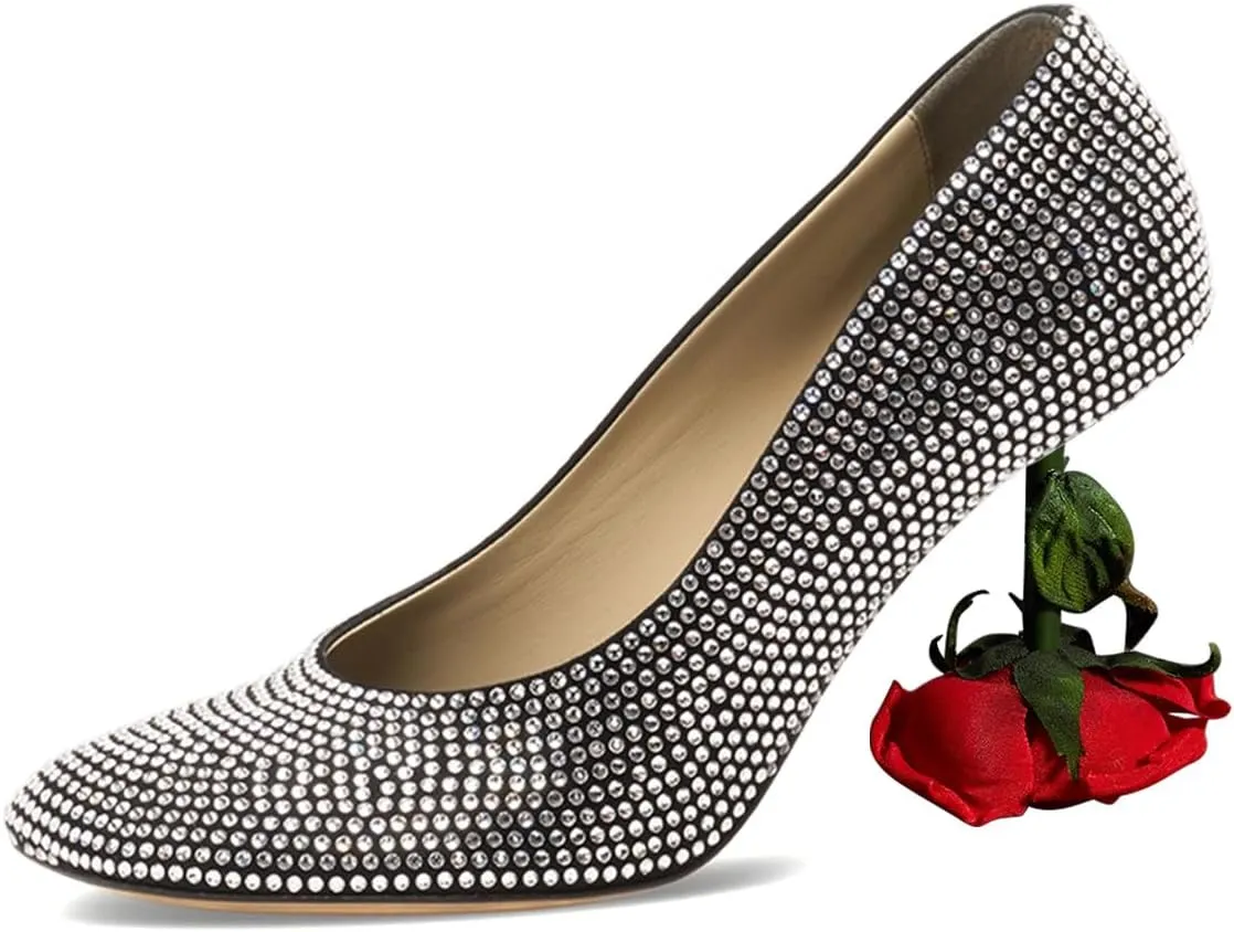 XYD Women's Romantic Rose Heel (100mm) Square Round Toe Slip On Pumps Bridal Formal Event Evening Dress Shoes