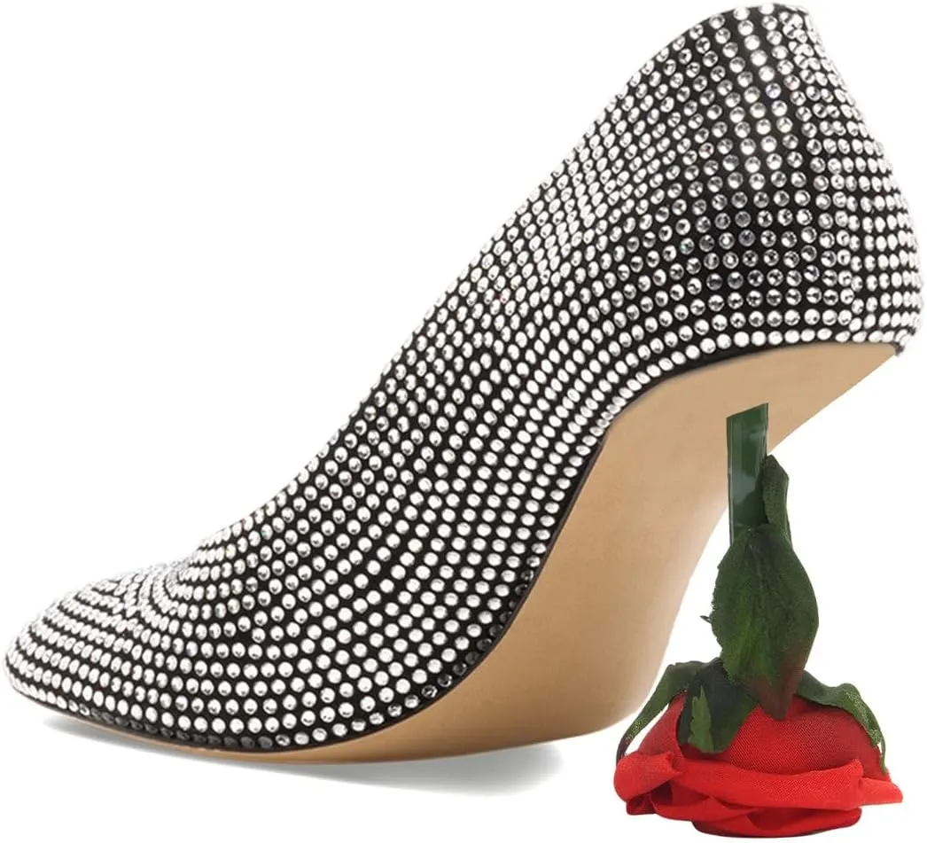 XYD Women's Romantic Rose Heel (100mm) Square Round Toe Slip On Pumps Bridal Formal Event Evening Dress Shoes
