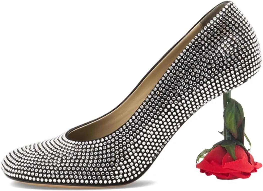 XYD Women's Romantic Rose Heel (100mm) Square Round Toe Slip On Pumps Bridal Formal Event Evening Dress Shoes